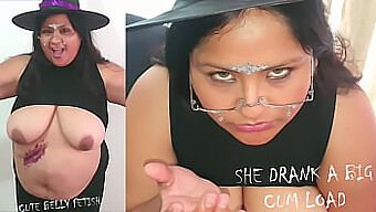 Busty Brunette'S Halloween-Themed Oral Pleasure And Swallowing