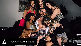 Ember Snow and Madi Collins engage in rough, creampie-filled orgy with support group members