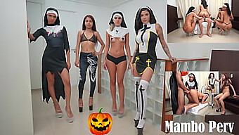 Seks Berkumpulan Bertema Halloween Dengan Biarawati Kulit Hitam Dan Payudara Besar