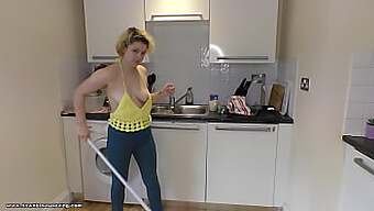 Delilah Cleans The Kitchen And Offers A Tantalizing View Of Her Brown Blouse